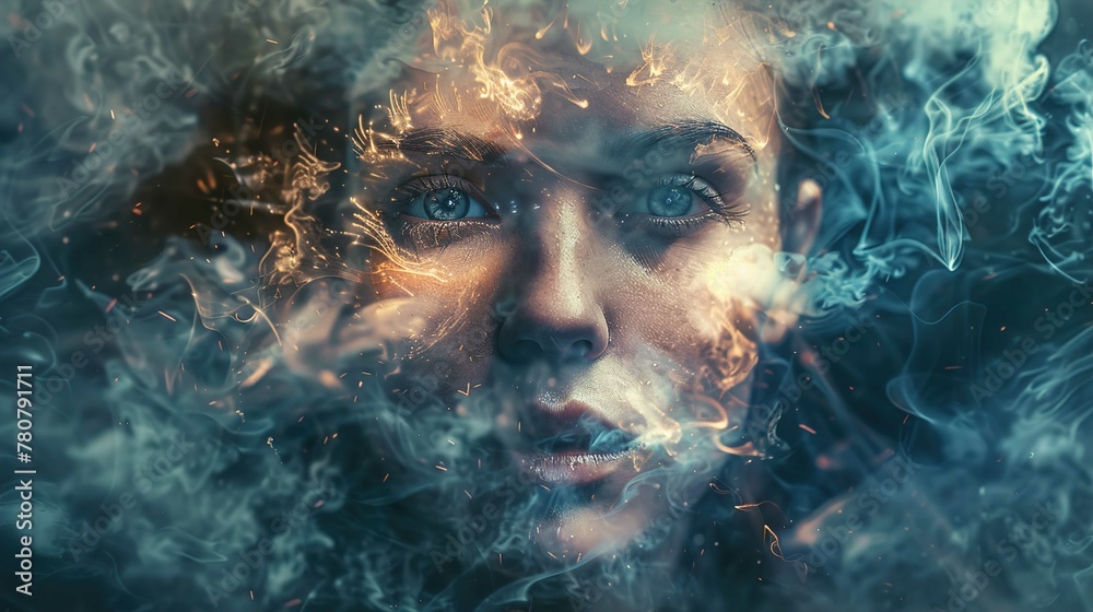 The image features a close-up of a woman's face enveloped in swirls of smoke and what appears to be embers or sparks. The smoke creates a mysterious and ethereal atmosphere, partially obscuring her fe