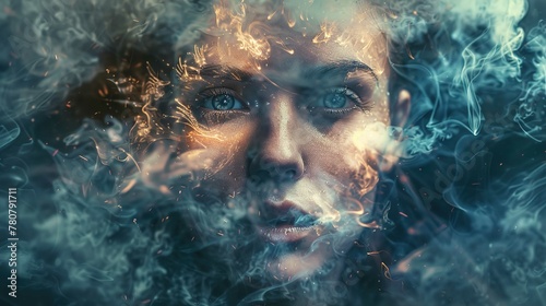 The image features a close-up of a woman's face enveloped in swirls of smoke and what appears to be embers or sparks. The smoke creates a mysterious and ethereal atmosphere, partially obscuring her fe