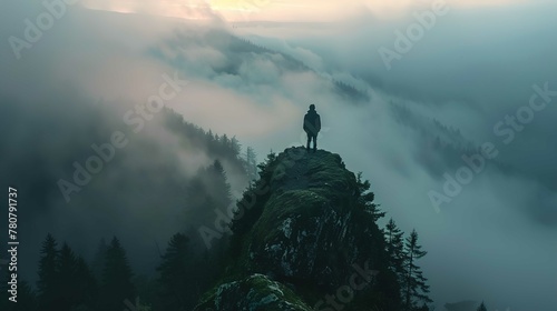 A person stands alone on the edge of a rocky outcrop, surrounded by a misty and ethereal landscape. The indistinct silhouette of coniferous trees emerges from the fog, which blankets the rolling terra photo