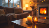 Cozy living room with fireplace and couch with focus on burning aromatherapy candle , romantic, love , blur background