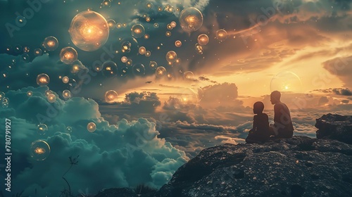 Two silhouetted figures sit close together on a rocky outcrop above the clouds, gazing towards a sunset. Surrounding them are numerous luminous bubbles, varying in size and floating at different heigh photo