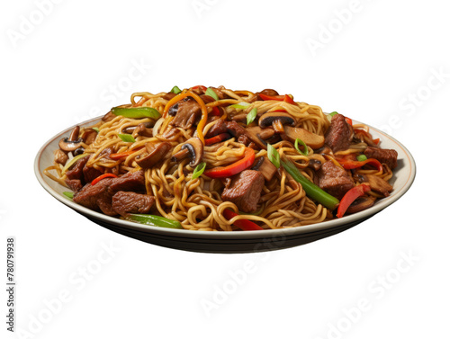 Beef Lo Mein isolated on transparent png background. Generative ai
