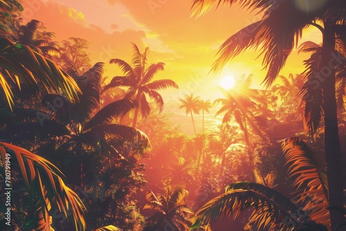 Illustration of a wild tropical jungle in bright orange colors  the rays of the bright sun penetrate through the palm trees and plants