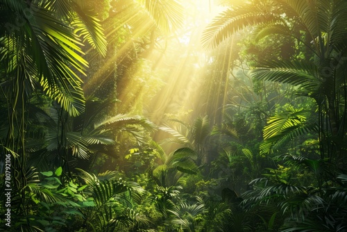 Illustration of a wild tropical jungle in bright colors  the rays of the bright sun penetrate through the palm trees and plants