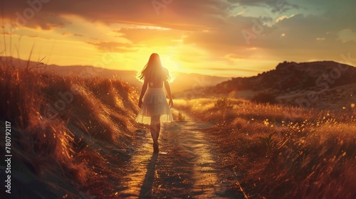 The image captures a serene scenario of a young woman from behind, walking along a narrow path through a golden field at sunset. The sun, low on the horizon, casts a warm, hazy glow that blankets the 
