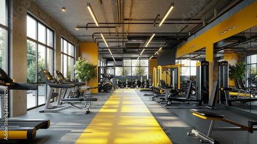 Modern Gym Interior with Fitness Equipment.