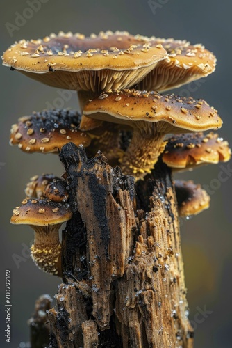 Explore the intricate world of saprophytic fungi decomposing wood, capturing nature's recycling process through macro photography. photo