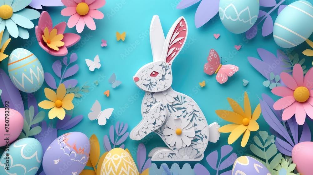 Obraz premium A textile Easter bunny with a paper cut design, surrounded by eggs and flowers on a background. This artistic piece showcases the beauty of rabbits and hares, perfect for the spring event AIG42E