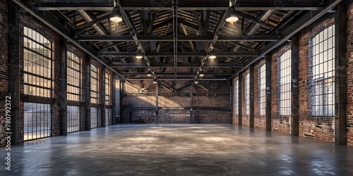 a large room with brick walls and ceiling lights
