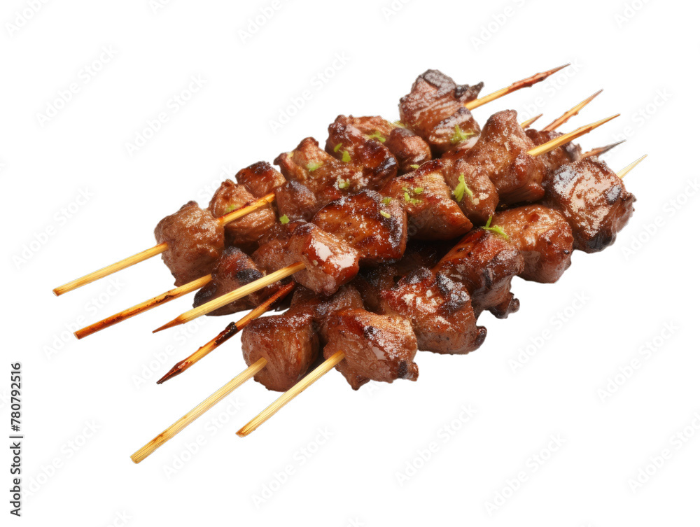Beef Satay Skewers isolated on transparent png background. Generative ai