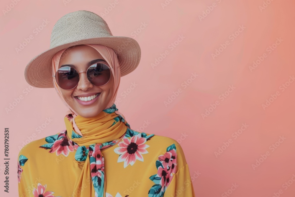 Happy young woman in summer outfit smiling and looking at camera over soft color background 
