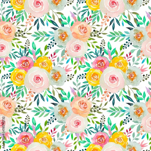 Floral seamless pattern with watercolor roses and leaves