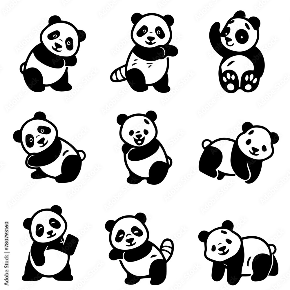 outline icon set of pandas in playful poses 