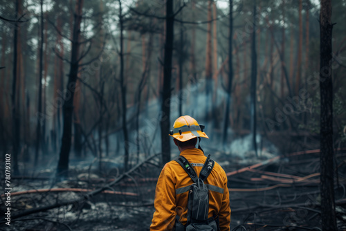 A firefighter observes the aftermath of a forest fire, showcasing the devastating effects and the resilience of those tasked with combating such disasters