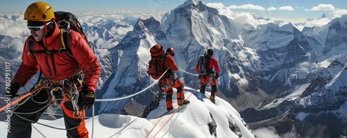 Hight altitude rescue mans using rope system in the hills in the winter, snowy landscape