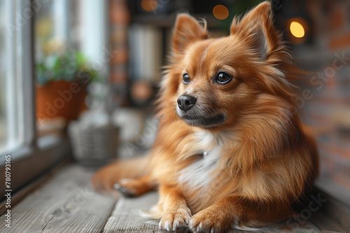  fluffy, brown dog with pointed ears, sitting attentively by a window, surrounded by cozy indoor elements, exuding a warm and homely atmosphere