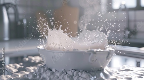 A realistic 3D animation of milk boiling over a pot