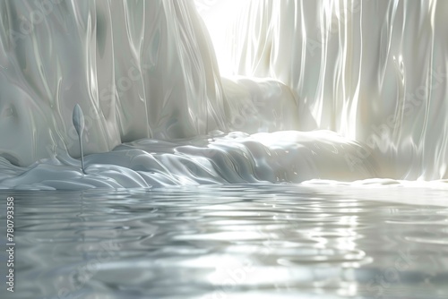 A serene 3D image of milk gently flowing down a small waterfall into a tranquil pond below.
