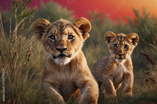 lion cubs in nature with pastel colors background