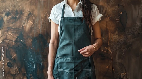 Closeup of a woman pointing at a kitchen apron against a warm brown background, inspiring culinary creativity and stylish designs. Ideal for kitchenware advertisements. © pvl0707