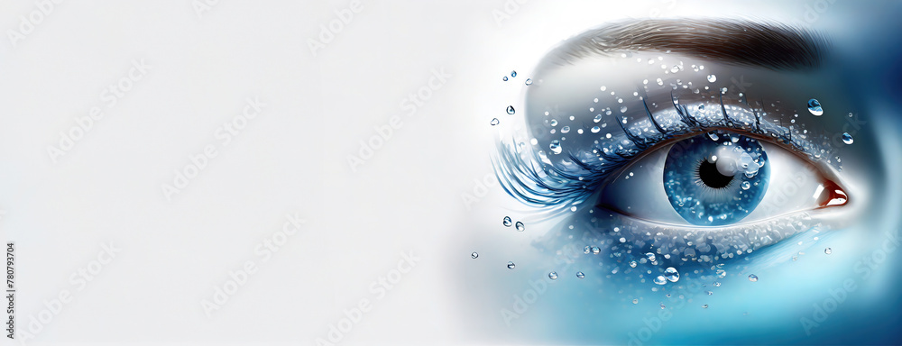 Close-up of a blue eye with water droplets on lashes. Artistic depiction of vision with bubbles and reflections.