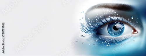 Obraz na płótnie Close-up of a blue eye with water droplets on lashes. Artistic depiction of vision with bubbles and reflections. w salonie
