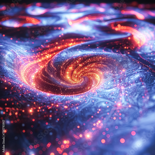 A blue and orange swirl of light with a lot of sparkles. The blue and orange colors give the impression of a cosmic explosion or a bright, energetic burst of light