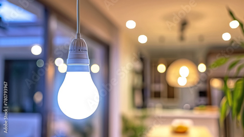LED light bulb in focus with a warm illuminated kitchen interior in the background. Energy efficiency and modern home concept for interior design and lighting