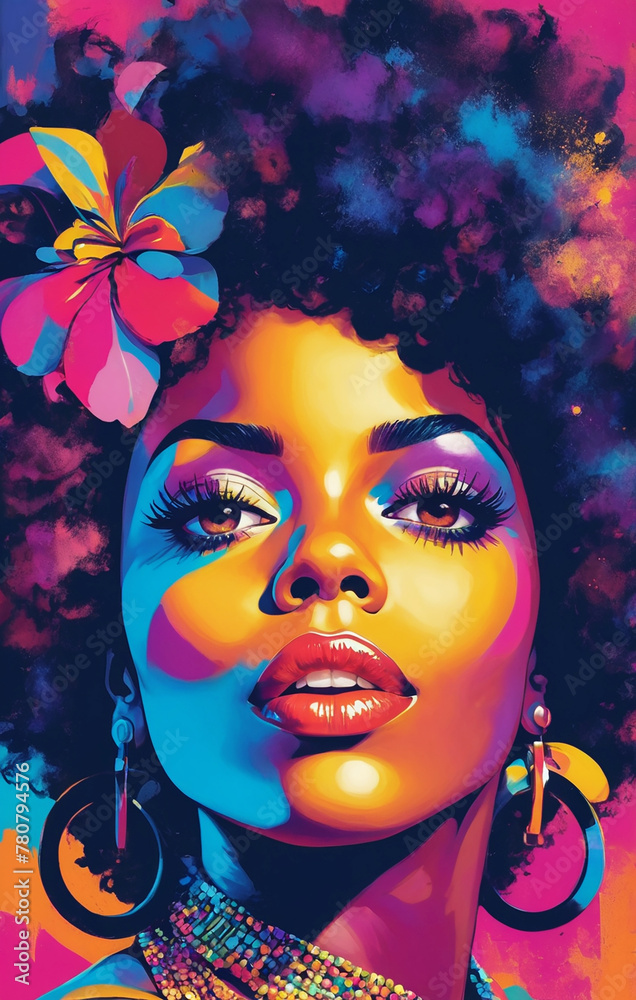 Pop art style of a beautiful black woman music idol in old-fashioned style