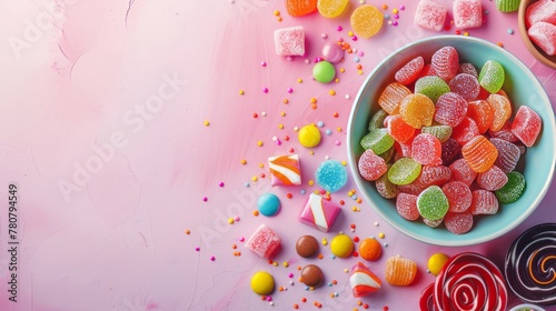 The concept of National Candy Day, top view. Copy space area for text. Background, banner, template. © Mentari