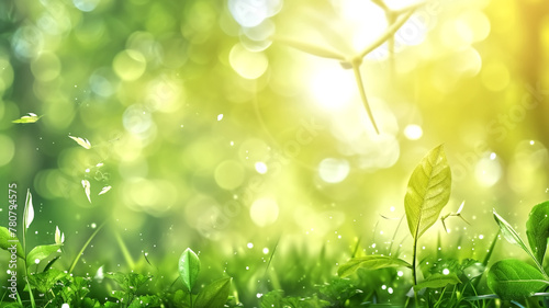 Fresh green leaves with sparkling dew and bokeh lights on a sunny nature background. Springtime and freshness concept for eco-friendly design and advertising