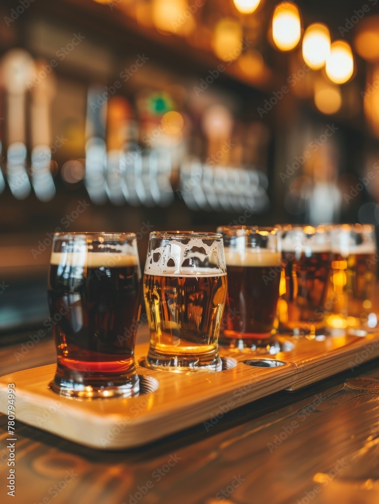 A flight of craft beer glasses on wooden bar, with different blonde beers in small glass mugs
A flight of craft beer glasses on wooden bar, with different blonde beers in small glass mugs