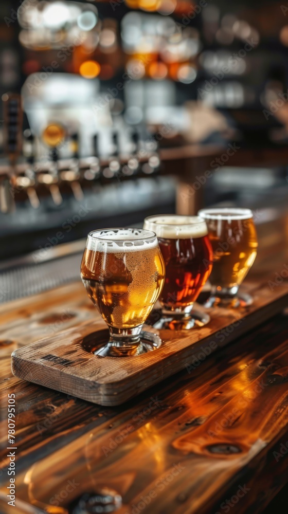A flight of craft beer glasses on wooden bar, with different blonde beers in small glass mugs
A flight of craft beer glasses on wooden bar, with different blonde beers in small glass mugs