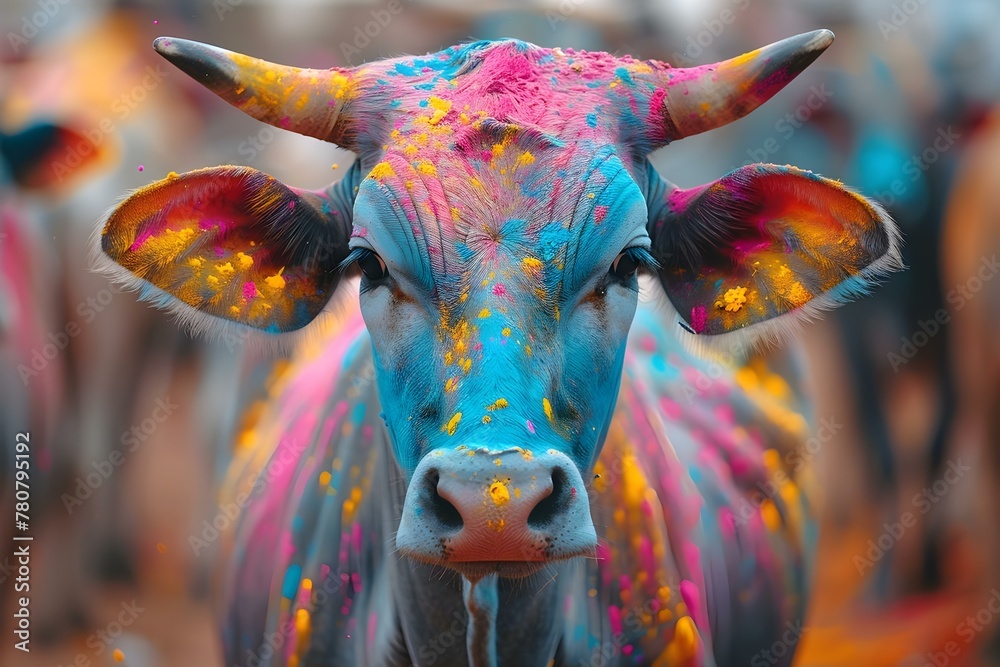 Cow adorned in Holi powder strolls through colorful Indian street festivities. Concept Holi Festival, Vibrant Celebrations, Cow in Indian Streets, Colorful Powder, Festive Atmosphere