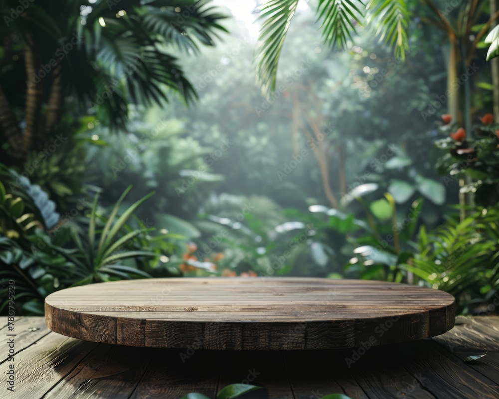 Textured pine wood podium amidst a verdant tropical garden blur, offering a serene stage for presenting healthy, organic products with nature in mind