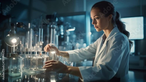 woman wearing a lab coat is performing a precise experiment in a lab. The background is full of modern scientific instruments.  photo