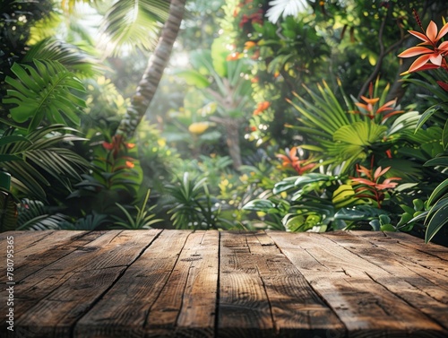 The rustic charm of a pine wood table top in a lush tropical garden setting, perfect for natural product displays with ample space for promotional content