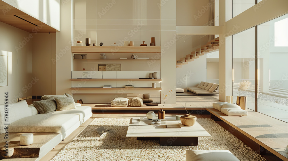 Scandinavian living room with split-level floors, wooden shelves, a wool rug, and ceramic vases
