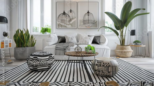 Scandinavian living room with striped rug, designer ottomans, wire sculptures, and snake plants 