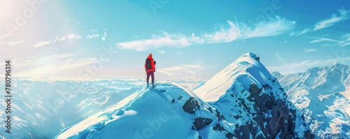 A back view of the hiker in the top of the moutain in the winter landscape. Viewpoint Above The Fog