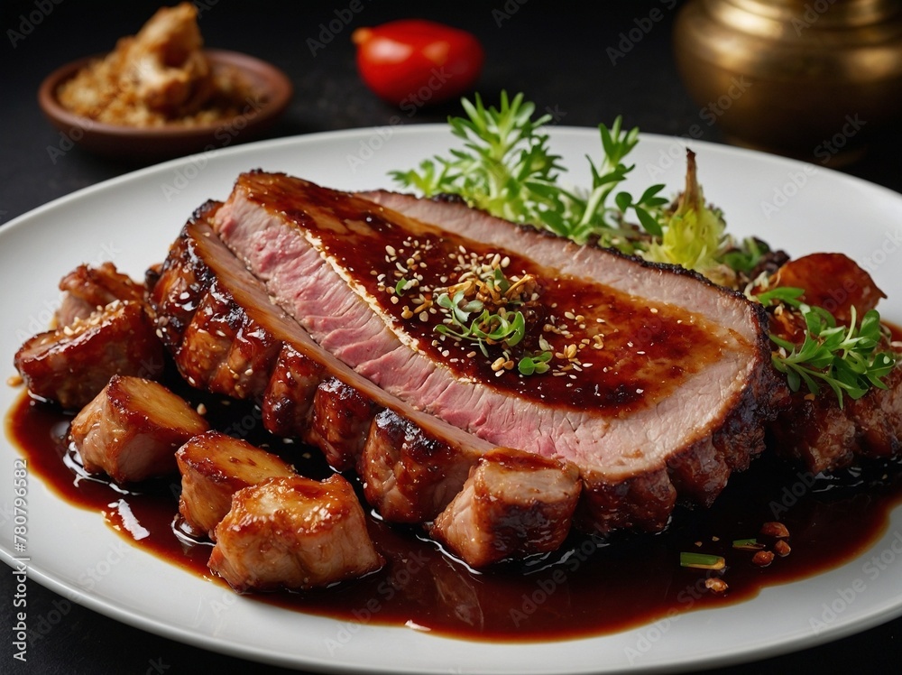 Succulent piece of steak, cooked to perfection with beautiful sear on outside, juicy, pink center, star of this image. Steak sliced, glazed with glossy, rich sauce that accentuates its tender texture. Succulent piece of steak, cooked to perfection with beautiful sear on outside, juicy, pink center, star of this image. Steak sliced, glazed with glossy, rich sauce that accentuates its tender texture.