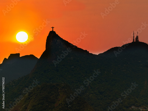 Aerial View of Corcovado Mountain at sunset and the Monument of the Christ the Reedemer and Gavea Stone, . Rio de Janeiro City. 2020 photo