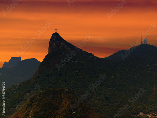 Aerial View of Corcovado Mountain at sunset and the Monument of the Christ the Reedemer and Gavea Stone, . Rio de Janeiro City. 2020 photo