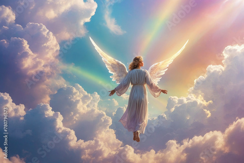 The figure of an angel in the sky among fluffy clouds and rainbows, sun glare, pastel colors
