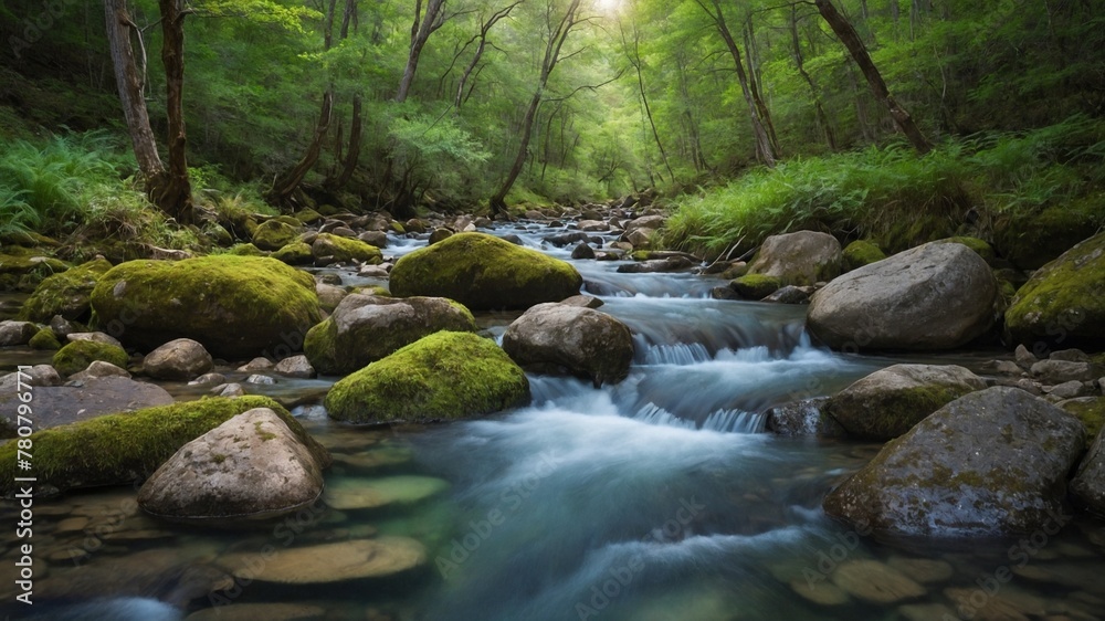 Serene stream flows gracefully through lush forest, its waters cascading over moss-covered rocks that scattered along waters path. Sunlight filters through dense canopy of trees. Serene stream flows gracefully through lush forest, its waters cascading over moss-covered rocks that scattered along waters path. Sunlight filters through dense canopy of trees.