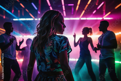 A girl stands in a club against the background of dancing people, disco, party, neon lights