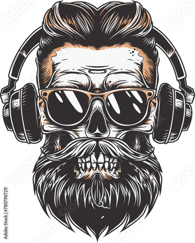 Vector illustration of skull with beard, mustache, hipster haircut and sunglasses. Skull with headphones Isolated on white background.