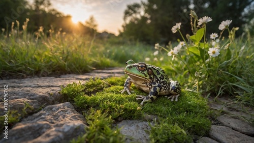 Frog  adorned with pair of wedding rings on its back  basks in golden hue of setting sun amidst lush greenery. Textured skin of amphibian  marked with intricate patterns.