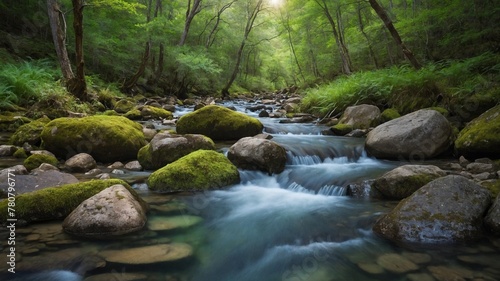 Serene stream flows gracefully through lush forest, its waters cascading over moss-covered rocks that scattered along waters path. Sunlight filters through dense canopy of trees.