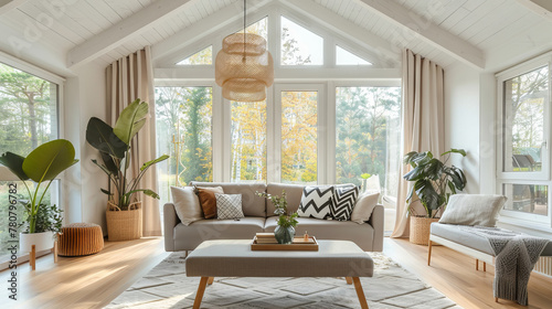 Luxurious Scandinavian Living Room Showcasing a Monochromatic White Color Scheme, High-End Minimalist Furniture, Abstract Ceramic Sculptures, and Potted Snake Plants 
